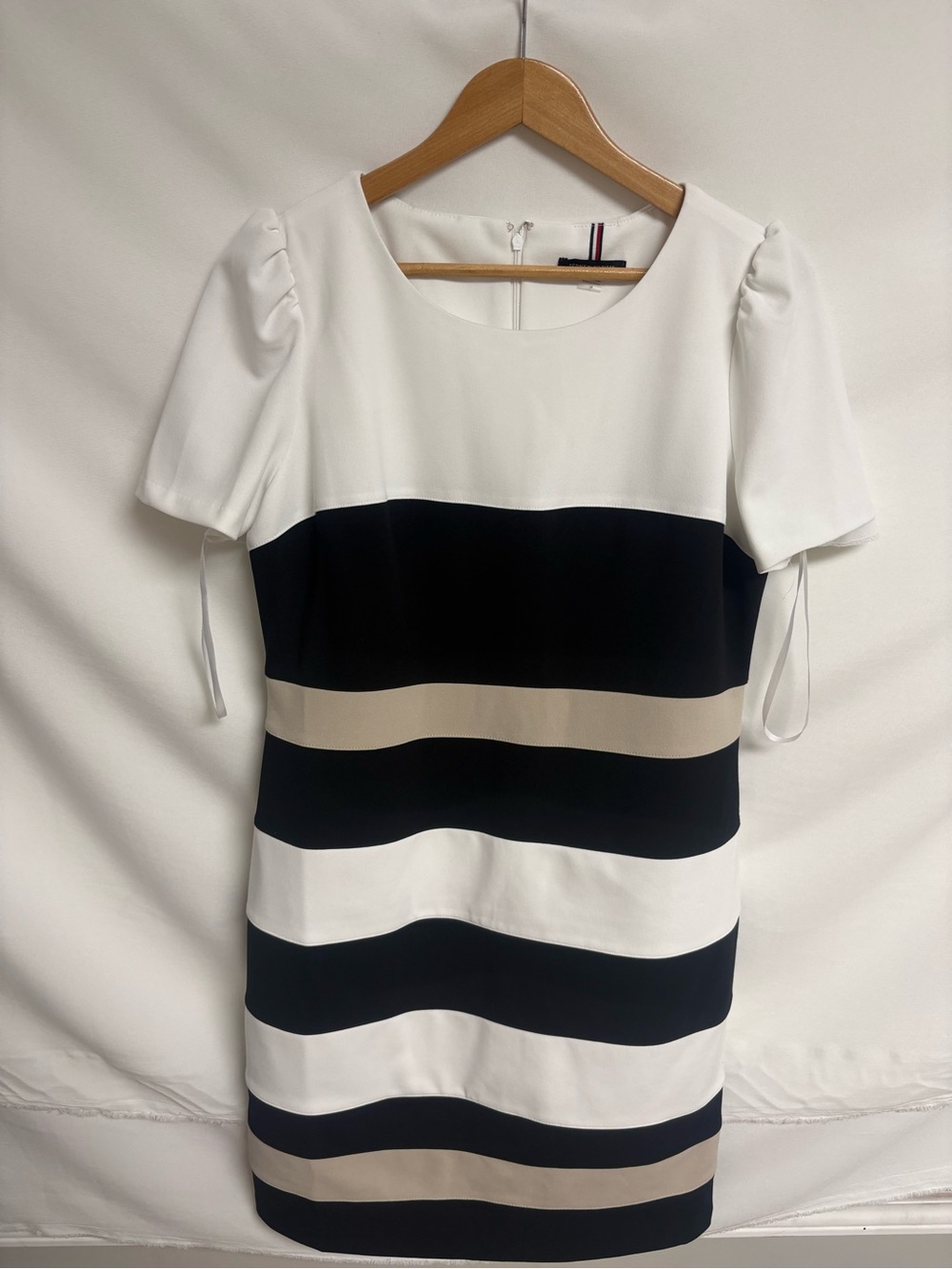 Tommy Hilfiger Black, White & Beige Striped Short Sleeve Shift Dress